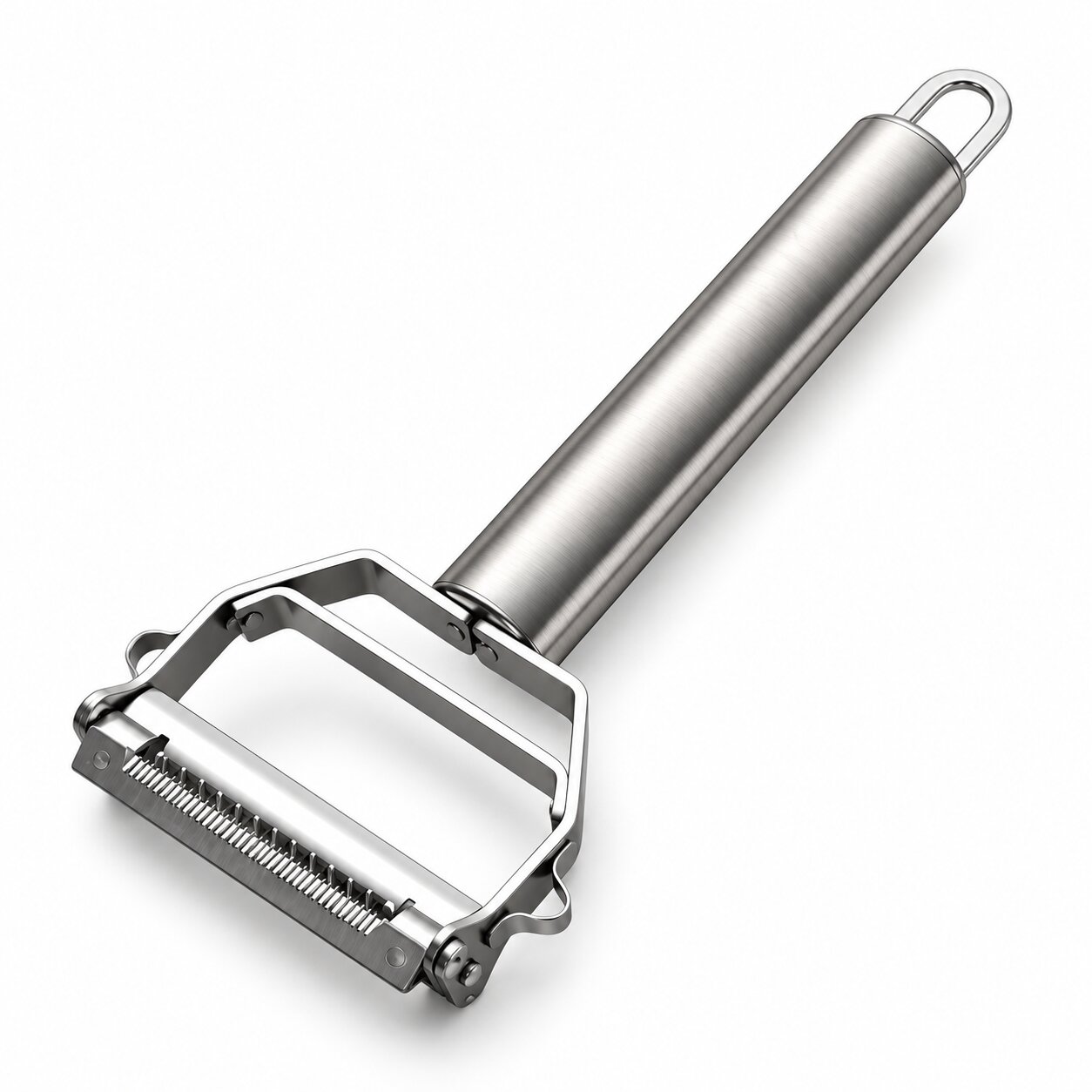 Éplucheur inox sur fond blanc